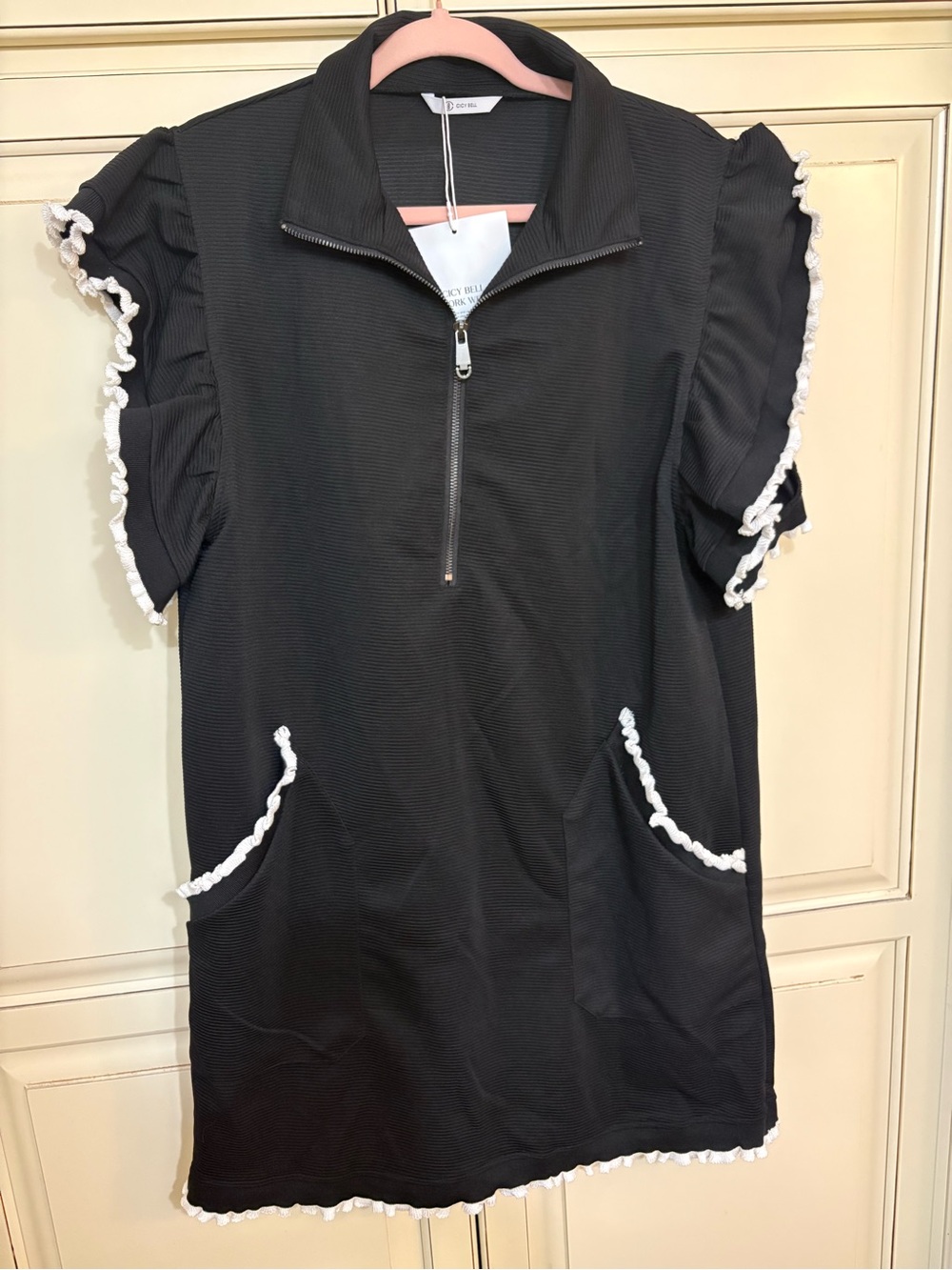 Black Half-Zip Ruffle Sleeve Dress with White Trim